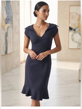Anthropologie navy flounce hem cap sleeve dress